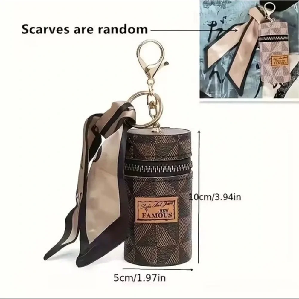 Checkered Cylinder Lipstick Holder Keychain Purse with Scarf Accent  Charm